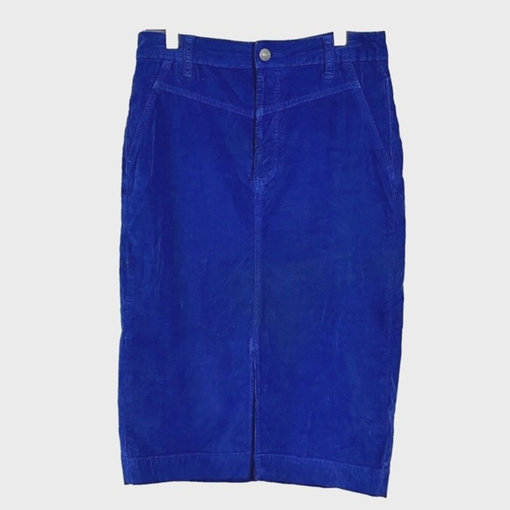Free People WTF Womens Corduroy Pencil Skirt Blue Sz 27 Split Front Knee Winter